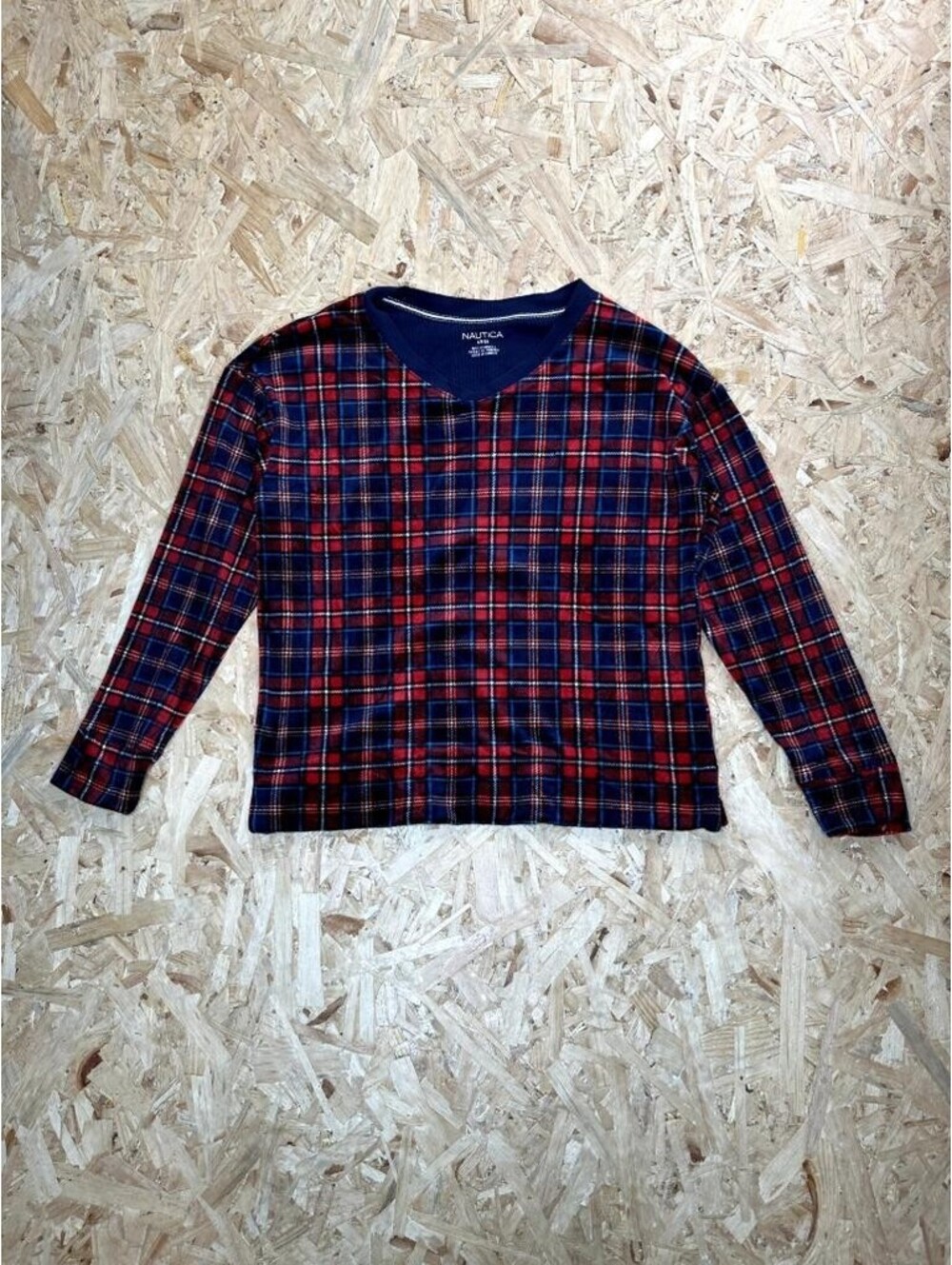 Nautica Pajama Top Womens Small Red Blue Plaid Fleece V-Neck Long Sleeve Shirt